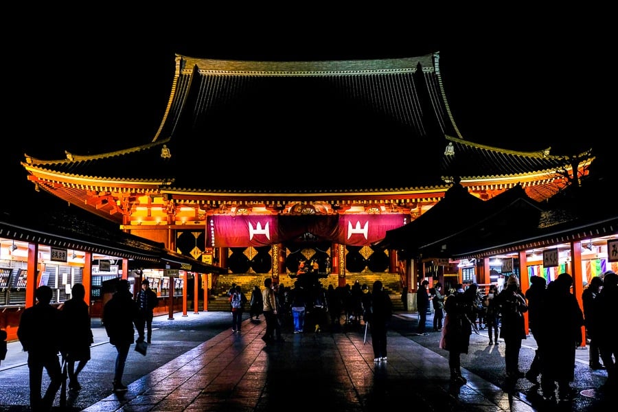 Night lighting of the main hall at Sensoji Temple in Asakusa, Tokyo, Japan