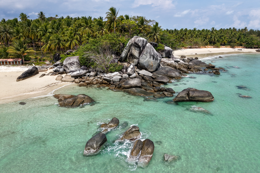 Drone photo of Siangau Beach on Bangka island in Sumatra, Indonesia