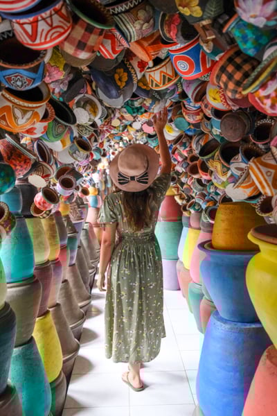 Colorful rows of pots at the Serayu Pottery shop