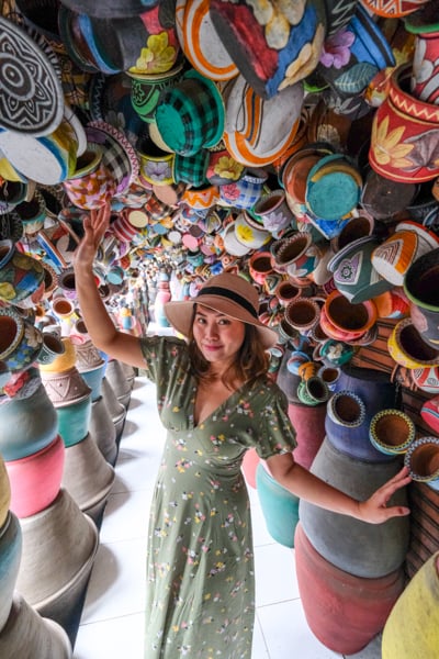 Colorful rows of pots at the Serayu Pottery shop