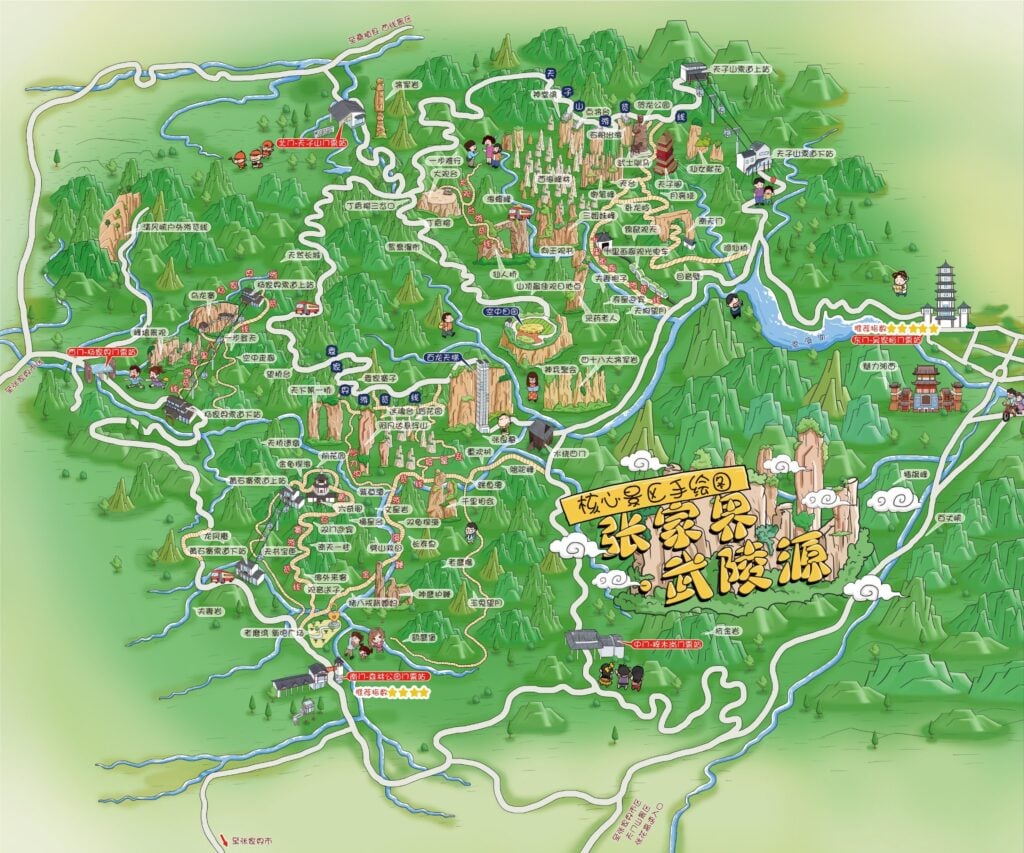 Detailed map of the Zhangjiajie park showing every road & trail