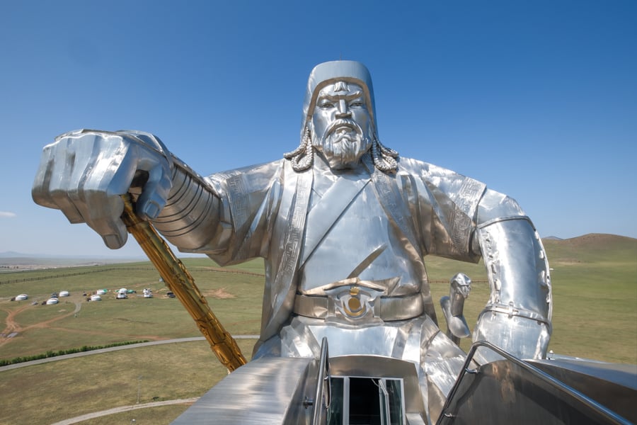 Shiny steel face of Genghis Khan on top of the statue in Mongolia