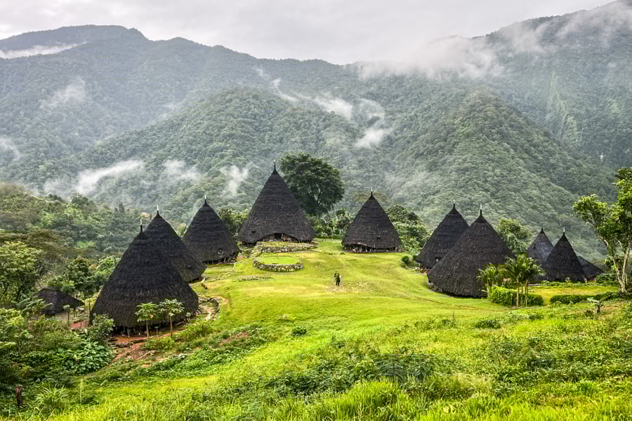 Village mountain view without clouds