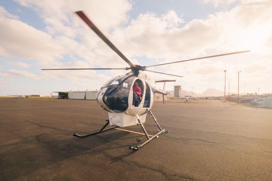 MD500E helicopter at the airport