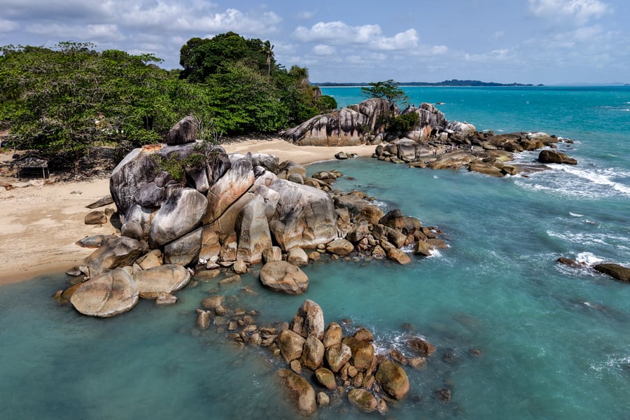 Drone photo of Turun Aban beach on Bangka island in Sumatra, Indonesia