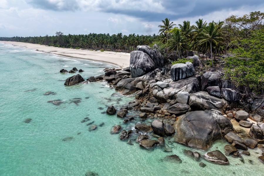 Drone photo of Siangau Beach on Bangka island in Sumatra, Indonesia
