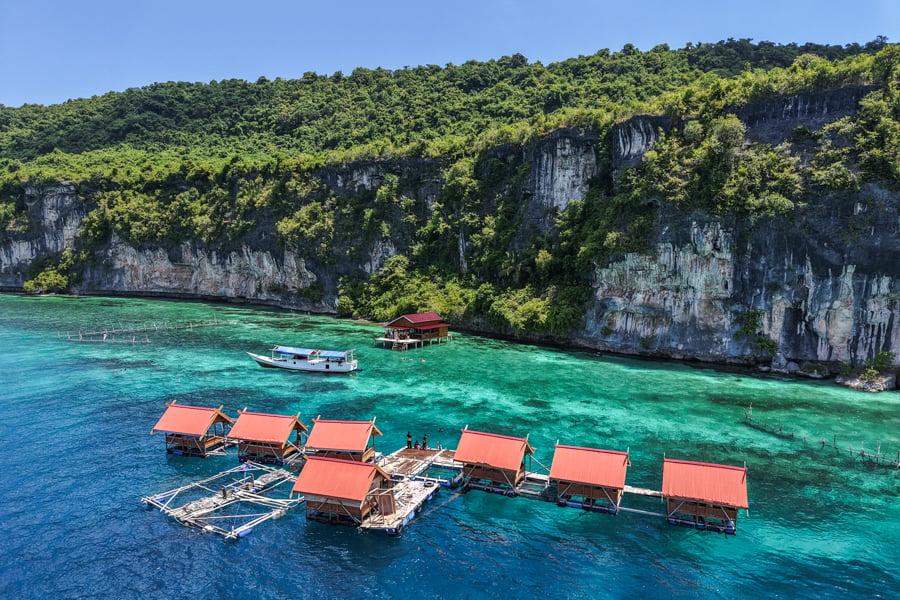 Drone pic of the floating restaurant at Karamba Resto