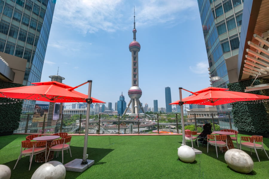 IFC Mall rooftop view of the Oriental Pearl Tower in Shanghai China