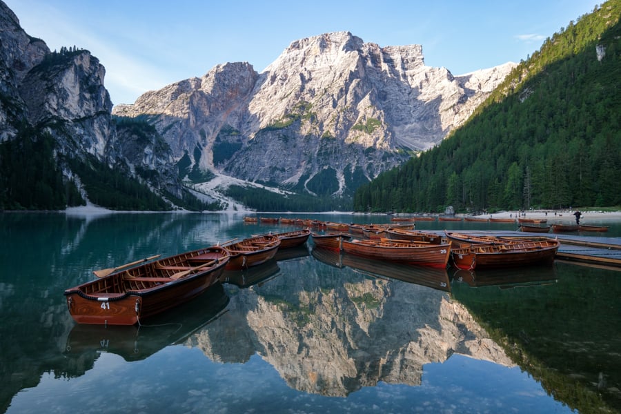 Lago di Braies Pragser Wildsee lake at sunrise