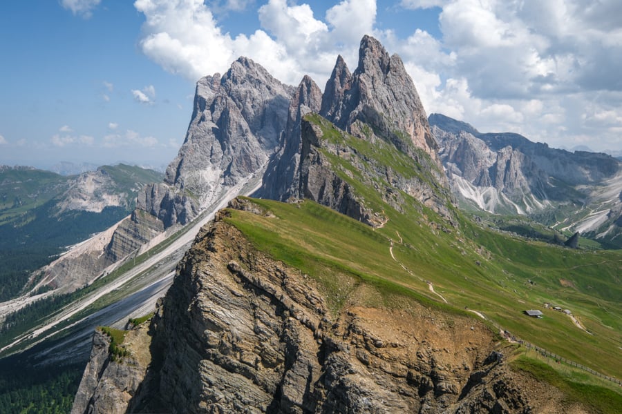 Seceda mountain ridge in the Dolomites of Italy